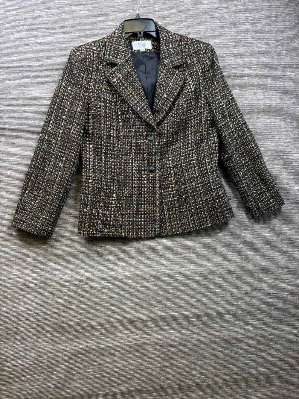 Le Suit Petite Tweed Blazer Jacket Womens Size 12P Black Brown Two Button Casual